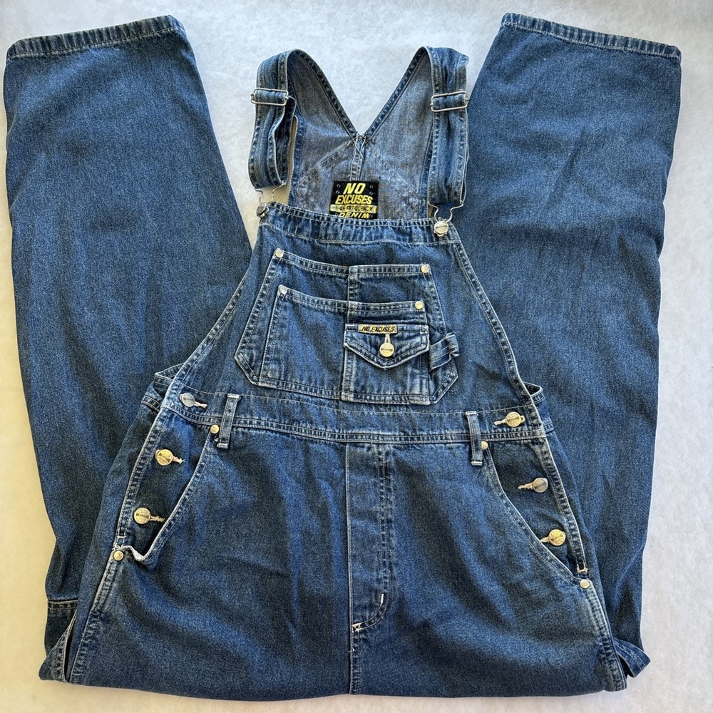 VTG 90s No Excuses Womens Large Denim Blue Jean Bib Overalls Cargo Carpenter
